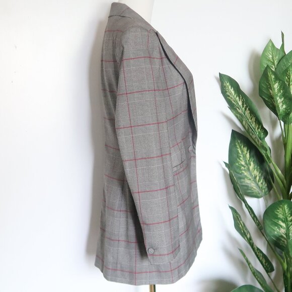 Zara Gray Plaid Checkered Single-breasted Blazer Red Windowpane Classic Office M - Picture 7 of 14